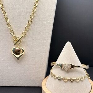 Valentines Vintage Jewelry Set 2 Bracelet Necklace Gold Tone‎ Love Heart Crystal